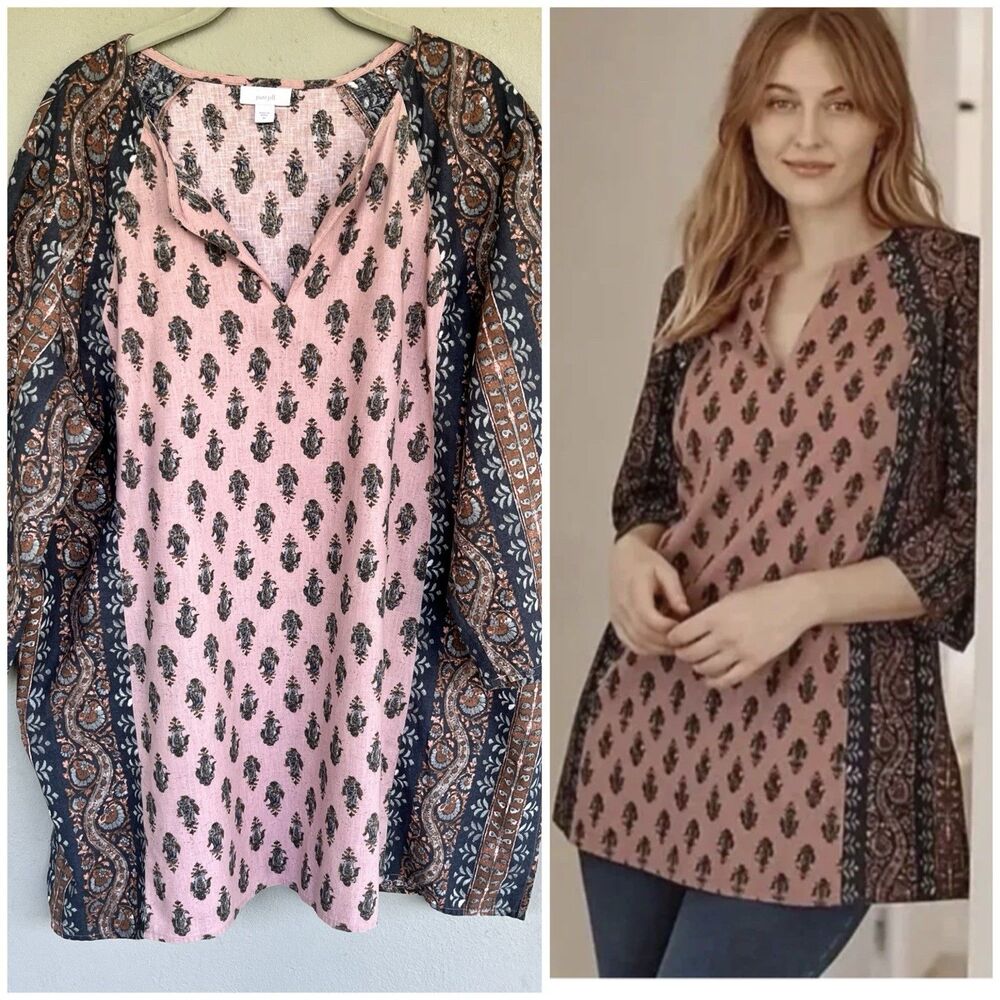 Pure J Jill Linen Blend Tunic Top 2X Pink Floral Paisley VNeck Boho Cottagecore
